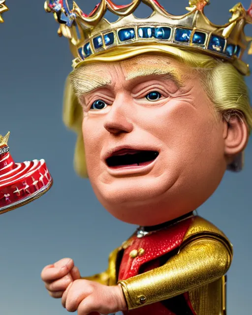 Image similar to highly detailed closeup, face profile portrait of a tin toy donald trump as a fairytale king hemry the eighth wearing a crown and eating cakes, depth of field, nicoletta ceccoli, mark ryden, lostfish, max fleischer, breathtaking, detailed and intricate environment, 8 k resolution, hyperrealistic, octane render