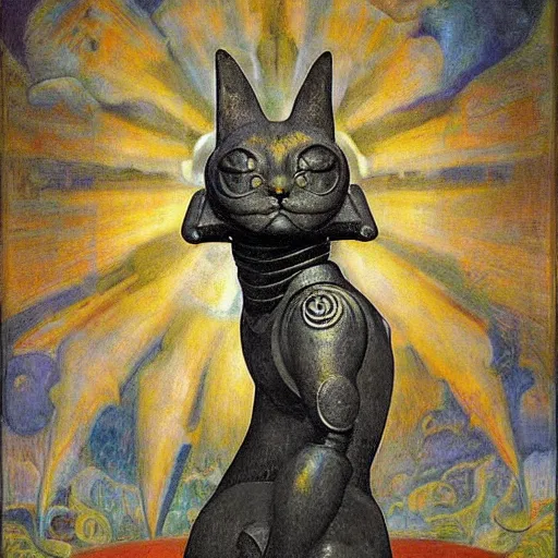 Image similar to ornate robot cat sculpture, by annie swynnerton and diego rivera and nicholas roerich and jean delville and janet fish, symbolist, dramatic lighting, god rays, art brut, rich colors, smooth, sharp focus, extremely detailed, adolf wolfli and ( donato giancola and bilibin )