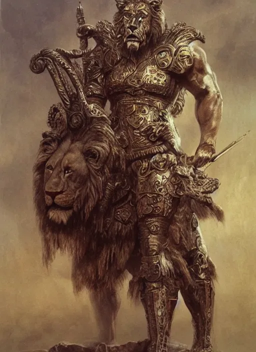 Image similar to hercules in lion ornamented armor, wearing cape, beksinski, hercules concept art, weta workshop concept art