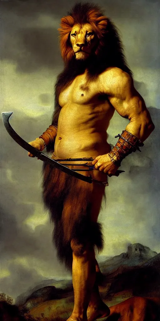 Prompt: muscular lion as barbarian hunter with chest armor and shiny sword , full human hairy body , backlight body , extreme very textured detailed panoramic portrait oil painting by rembrandt, sunset, dramatic clouds and cyan atmosphere