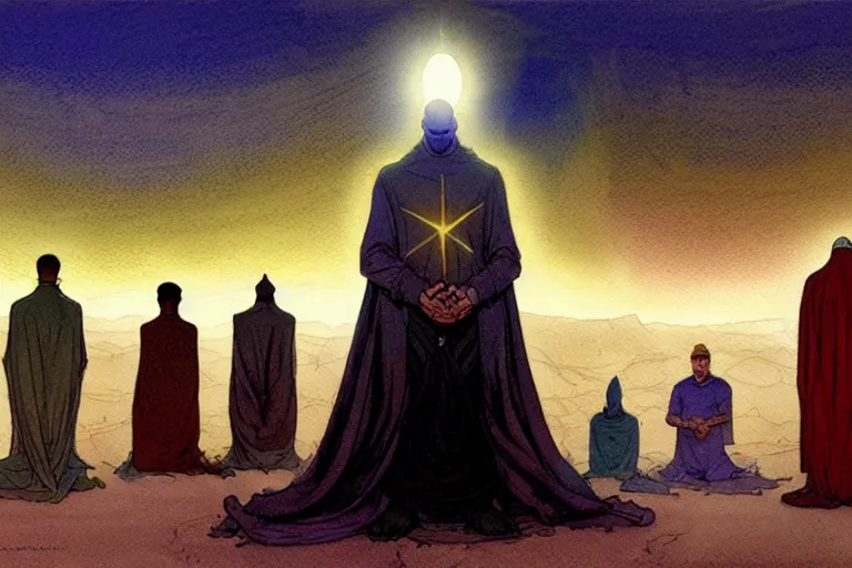 Image similar to a hyperrealist watercolour character concept art portrait of a group of middle eastern men kneeling down in prayer in front of a giant alien on a misty night in the desert. by rebecca guay, michael kaluta, charles vess and jean moebius giraud