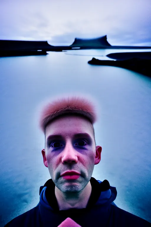 Image similar to high quality pastel coloured film wide angle selfie photograph of a plain looking cute looking male with cyber enhancement standing in an icelandic black rock environment. sarcastic expression. three point light. photographic. art directed. pastel colours. volumetric light. stark. waves. 8 k. filmic.