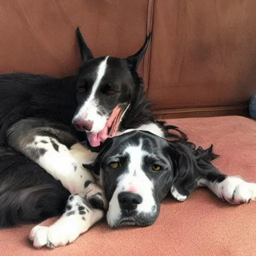 Prompt: a maine coon cat cuddling with a great dane dog