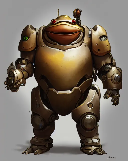 Prompt: a fat short anthropomorphic toad wearing mecha armor, battle stand, smooth, intricate, elegant, power aura, digital painting, artstation, concept art, high tech fantasy, sharp focus, illustration, art by james jean and justin gerard, overwatch character