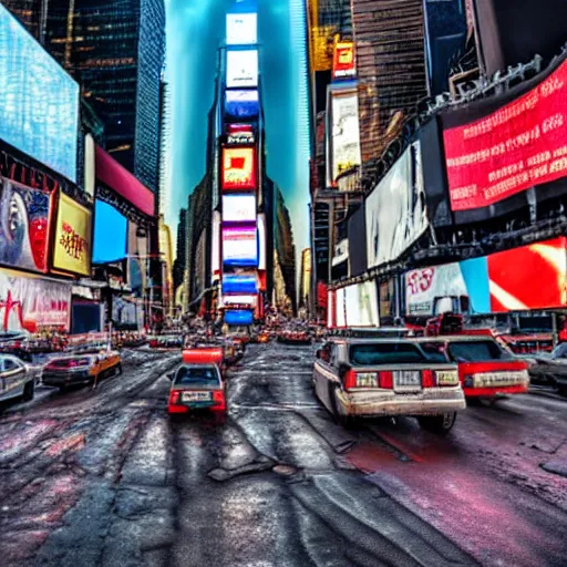 Image similar to times square in a post apocalyptic setting, 4 k, high detail, high - resolution photograph, professional photography, ultra - detail