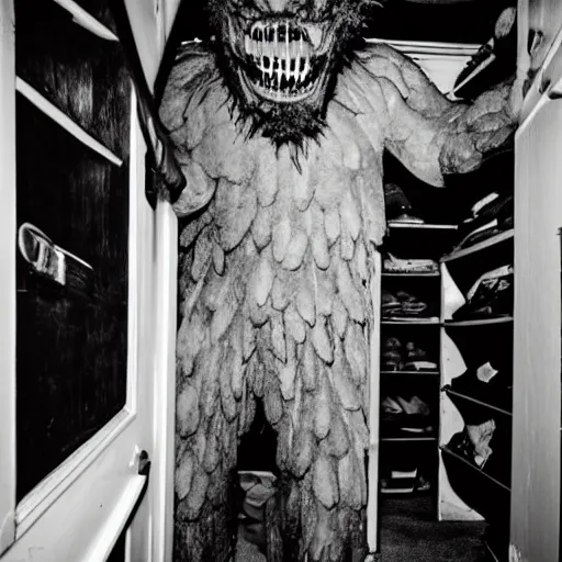 Prompt: grainy photo of a creepy monster in a closet, harsh flash