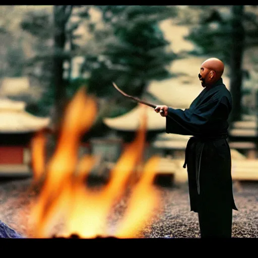 Image similar to cinematic film still of Steve Harvey starring as a Japanese Sensei with fire, Japanese CGI, VFX, 2003, 40mm lens, shallow depth of field, film photography