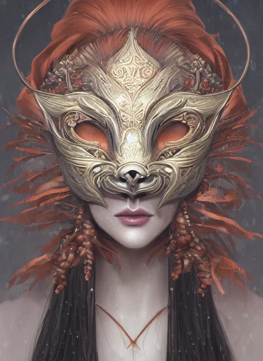 Image similar to a beautiful detailed oil on copper art illustration of a kitsune mask woman, centered, by charlie bowater, zeng fanzh, trending on artstation, dim dusk lighting, cinematic lighting, detailed lighting, volumetric lighting, realistic, f 8, 4 k hd wallpaper