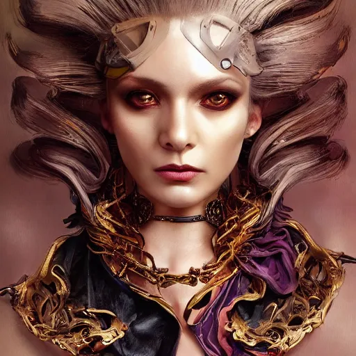 Prompt: portrait, headshot, insanely nice professional hair style, dramatic hair color, digital painting, of a old 17th century, old cyborg Supermodel, amber jewels, baroque, ornate clothing, scifi, realistic, hyperdetailed, chiaroscuro, concept art, art by Franz Hals and Jon Foster and Ayami Kojima and Amano and Karol Bak,