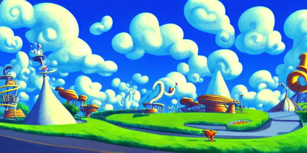 Image similar to cartoon concept art, clean blue sky, spiral clouds, from sam and max, from the hortons