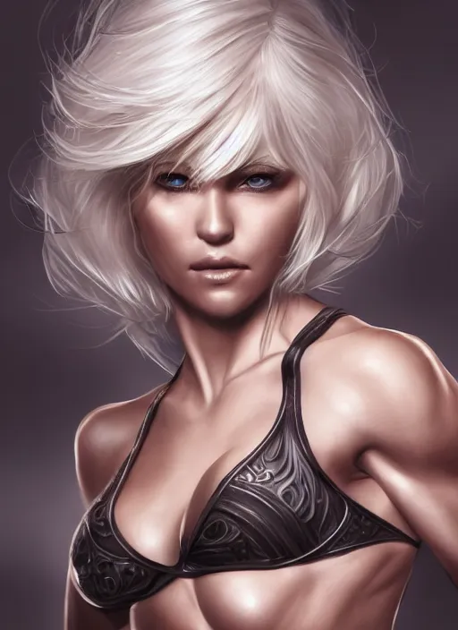 Prompt: a highly detailed illustration of short platinum blonde haired woman wearing mma bra, muscular, intricate, elegant, highly detailed, centered, digital painting, artstation, concept art, smooth, sharp focus, league of legends concept art, WLOP