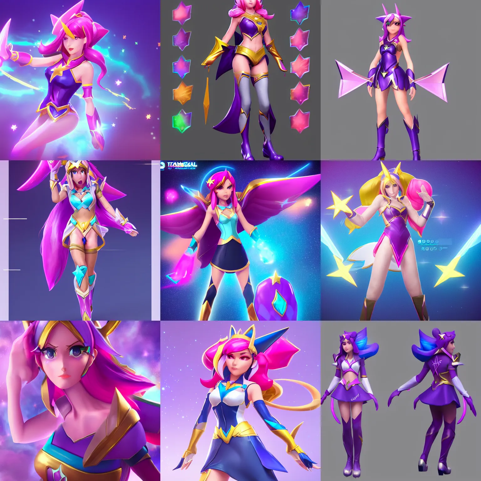 Prompt: character sheet of Star Guardian Caitlyn from League of legends. bright colors, 3d render, trending on artstation, octane render