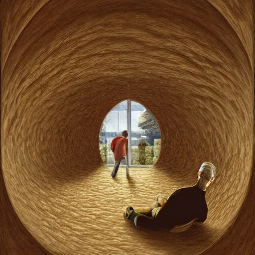 Image similar to man living inside a bread seen from outside, hyper detailed,