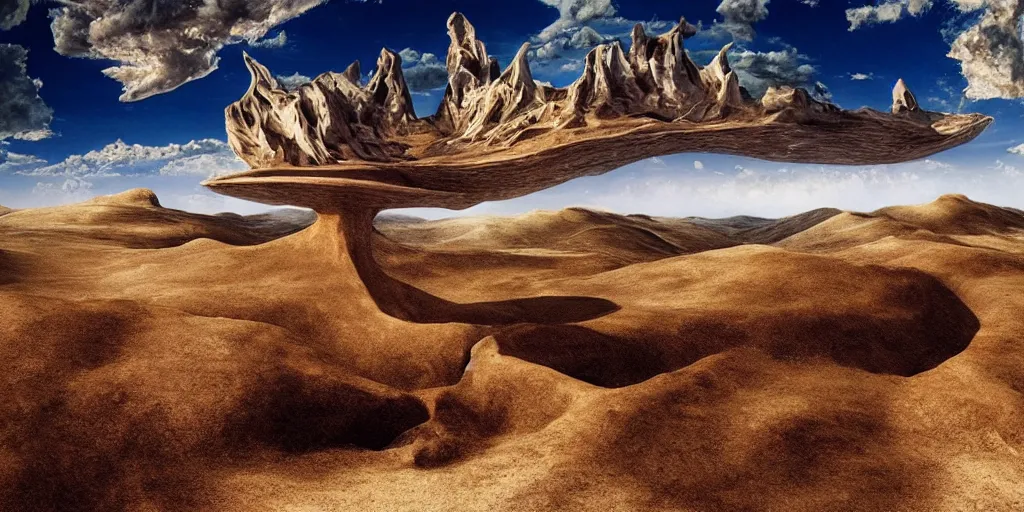 Image similar to surrealist alien landscape, realistic photography, salvador dali, 8k, hd