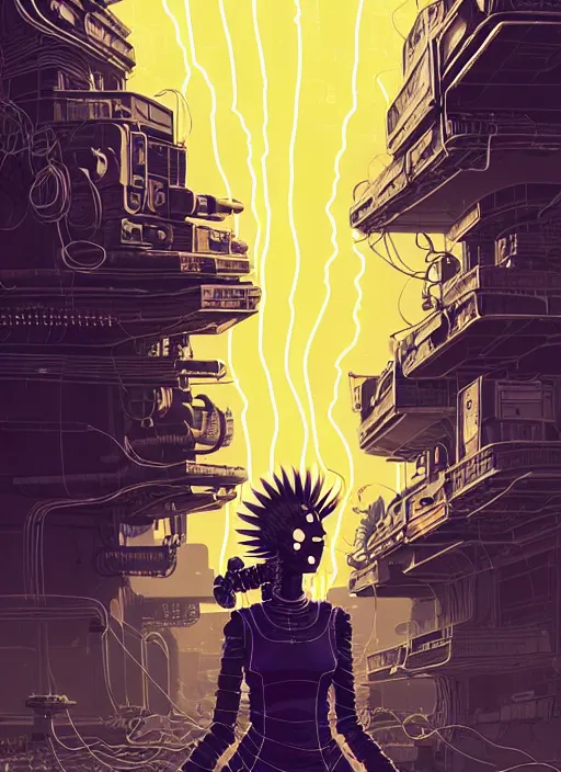 Image similar to highly detailed portrait of wasteland punk long curly bright yellow and white plasma electricity hair tribal lady, stray electric spark wiring by atey ghailan, james gilleard, by joe fenton, by greg rutkowski, by greg tocchini, by kaethe butcher, 4 k resolution, gradient yellow, black and white color scheme!!! ( ( lightning cloudy robotic dystopian city background ) )