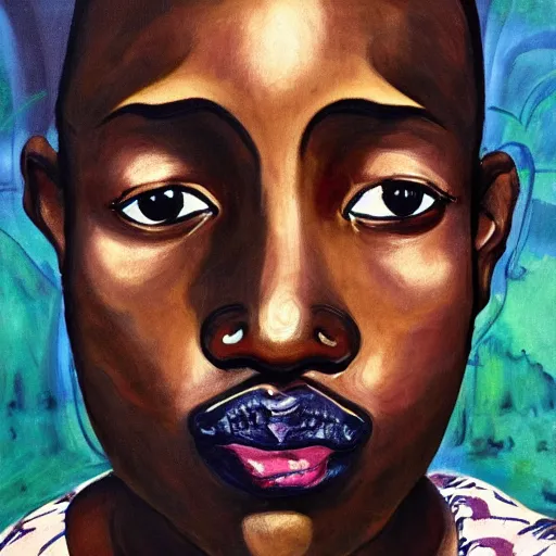 Image similar to a painting of a elegant, well fed, smooth-chinned, long nose, African, elder with few eyebrows by Wangechi Mutu . thinker without facial hair, thoughtful, focused, visionary, calm, jovial, loving, fatherly, generous, . dramatic angle, ethereal lights, details, smooth, sharp focus, illustration, realistic, cinematic, artstation, award winning, rgb , unreal engine, octane render, cinematic light, macro, depth of field, blur, red light and clouds from the back, highly detailed epic cinematic concept art CG render made in Maya, Blender and Photoshop, octane render, excellent composition, dynamic dramatic cinematic lighting, aesthetic, very inspirational, arthouse.