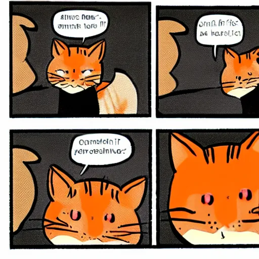 Image similar to A 3 panel comic strip featuring a human male and a striped orange cat