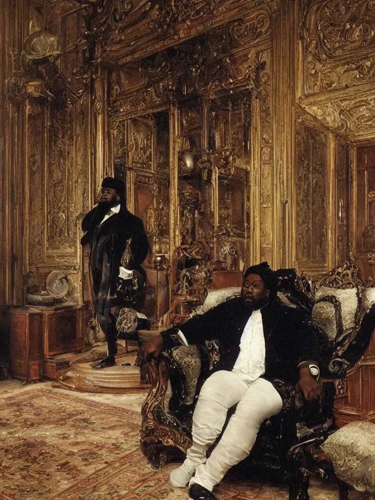 Prompt: one large black man wearing an overcoat and knee-length black boots stands in the living room of a beautiful ornate baroque English mansion, nobody else is present, adebanji alade, lawrence alma-tadema, george goodwin kilburne