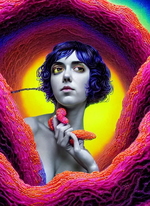 Prompt: hyper detailed 3d render like a Oil painting - Ramona Flowers with black hair in thick mascara seen Eating of the Strangling network of colorful yellowcake and aerochrome and milky Fruit and Her delicate Hands hold of gossamer polyp blossoms bring iridescent fungal flowers whose spores black the foolish stars by Jacek Yerka, Mariusz Lewandowski, Houdini algorithmic generative render, Abstract brush strokes, black intense eyes, choke smirk smile grin, Masterpiece, Edward Hopper and James Gilleard, Zdzislaw Beksinski, Mark Ryden, Wolfgang Lettl, Dan Hiller, hints of Yayoi Kasuma, octane render, 8k