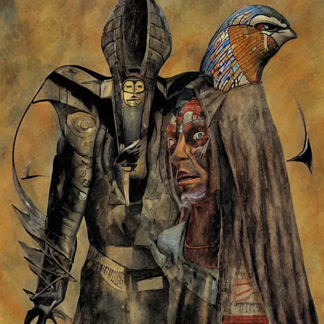 Image similar to artwork by Enki Bilal and Dave McKean showing Horus the falcon headed egyptian god