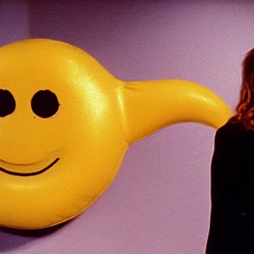 Image similar to still from a 1994 arthouse film about a depressed woman dressed as an inflatable smiley who meets a handsome younger man in a seedy motel room, color film, 16mm soft light, weird art on the wall