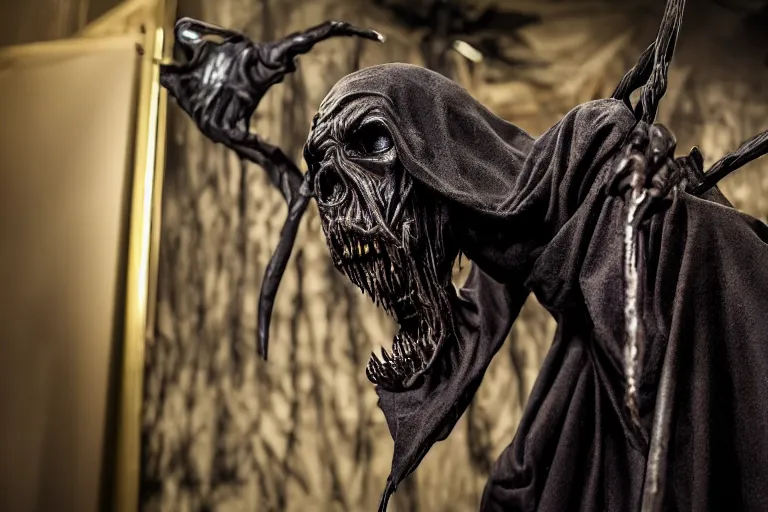 Image similar to photo taken of an epic intricate, ultra detailed, super realistic sculpture of a nightmarish hellish demonic hooded grim reaper animatronic on display in a workshop, created by weta workshop, zoomed in shots, photorealistic, sharp focus, f 0. 4, face centred, macro photography, golden ratio, golden hour