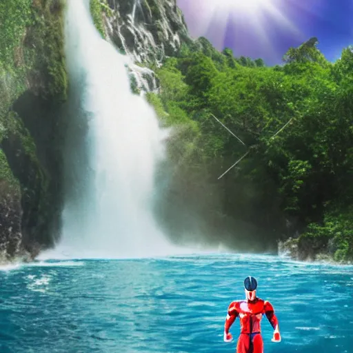 Image similar to a realistic photo of an ultraman swimming in a waterfall in the mountain