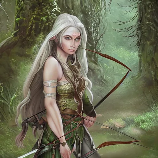 Image similar to a young elven female archer. long silver hair, fair skin like porcelain, beautiful greens eyes. fantasy. digital art. very detailed. anatomically precise. forest background.