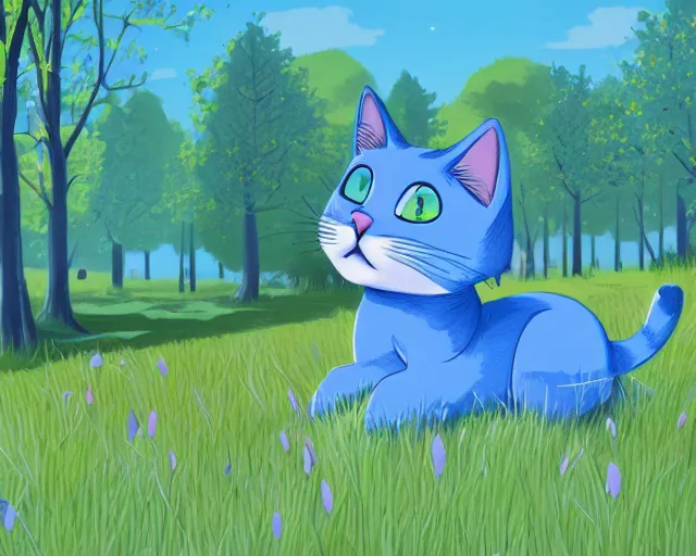 Prompt: detailed and clean illustration of a cute blue cat, grassy field with trees in the background, concept art, artstation, amazing, beautiful, cinematic composition