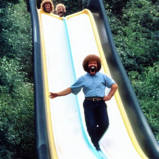 Image similar to bob ross screaming while going down a giant slide