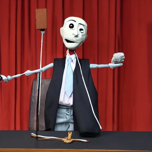 Image similar to president puppeteer that looks like a marionette in a podium giving a press conference