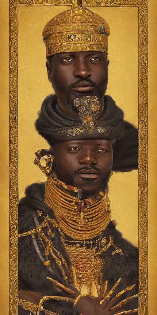 Image similar to a stunning and noble highly detailed romantic period style portrait of Mansa Musa by Josep Tapiró Baró, trending on artstation, oil painting masterpiece, symmetry, fractals, African iconography