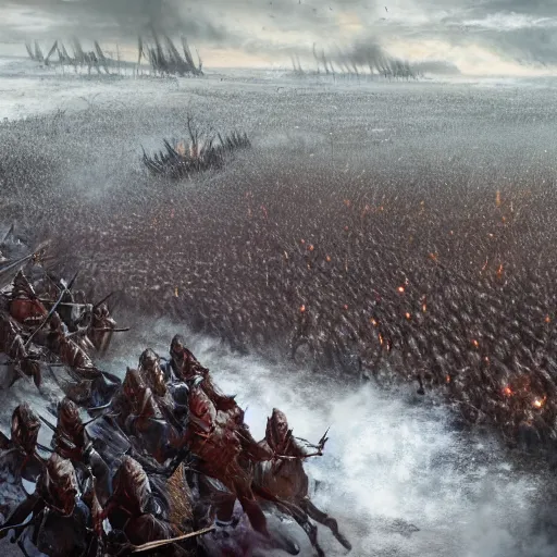 Prompt: cinematic artwork action shot of the Baratheon army vs the Bolton army, Game of Thrones, Battle of the Bastards by Greg Rutkowski, 4k, masterpiece