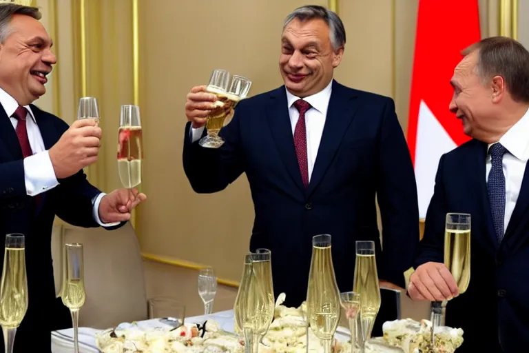 Image similar to viktor orban winking and drinking champagne with putin in front a burning city