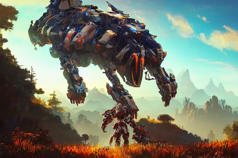 Image similar to rollerback machine creature robot of horizon forbidden west horizon zero dawn radiating a glowing aura global illumination ray tracing hdr fanart arstation by ian pesty and alena aenami artworks in 4 k