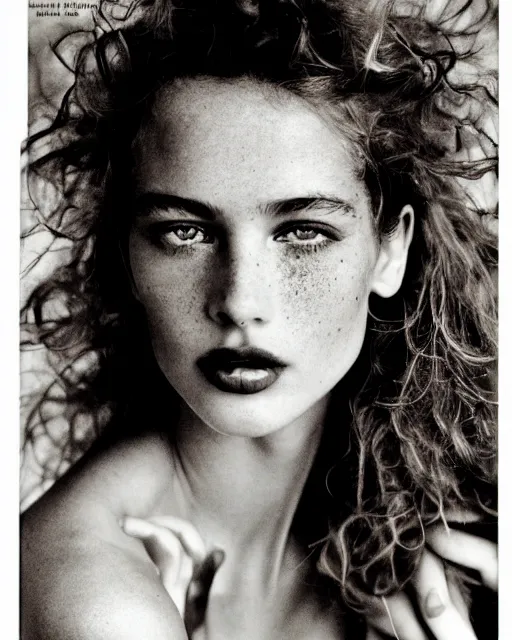Prompt: a beautiful professional photograph by herb ritts, arthur elgort and ellen von unwerth for vogue magazine of a beautiful lightly freckled and unusually attractive female fashion model looking at the camera in a flirtatious way, zeiss 8 0 mm f 1. 8 lens