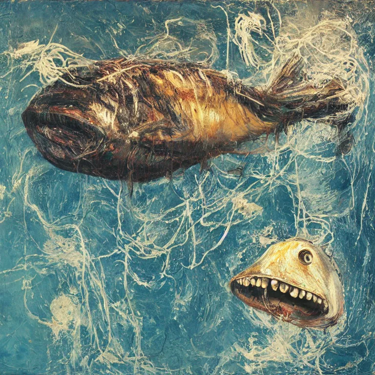 Prompt: Realistic Studio Photograph of a deep sea anglerfish deep underwater, award-winning nature deep sea expressionistic impasto oil painting by Cy Twombly and Tim Hawkinson hyperrealism 8k