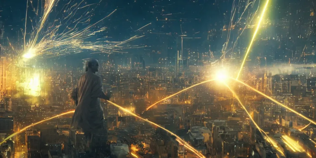 Image similar to gigantic morgan freeman destroying a city throwing lasers from his eyes, night, realism, 4 k, octane render, award winning photograph, realistic, cinematic shot