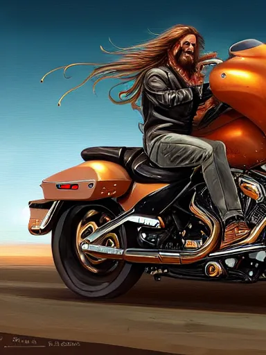 Image similar to handsome man with long hair riding a harley davidson in the wild. intricate, elegant, highly detailed, digital painting, artstation, cinematic shot, concept art, sharp focus, illustration, by justin gerard and artgerm, 8 k