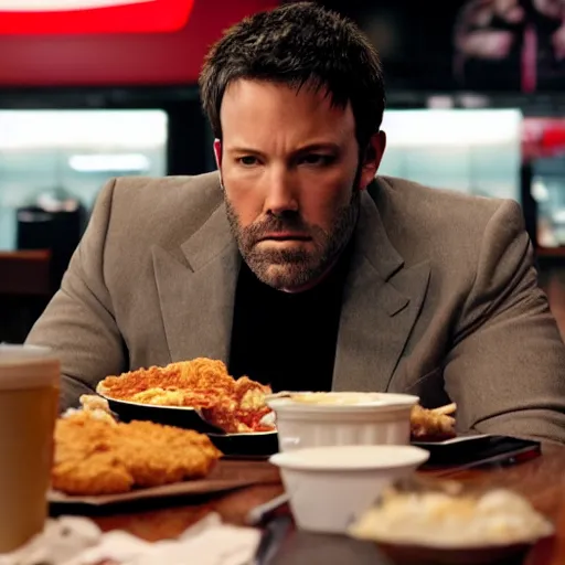 Image similar to A photo of Ben Affleck's Batman eating at KFC. Extremely detailed. Beautiful. 4K. Award-winning
