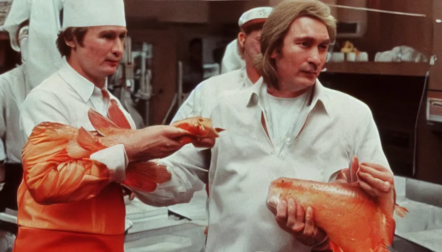 Prompt: 7 0 s movie still of putin in butcher outfit, proudly holding a salmon. cinestill 8 0 0 t _ 3 5 mm eastmancolor, heavy grain, high quality, high detail