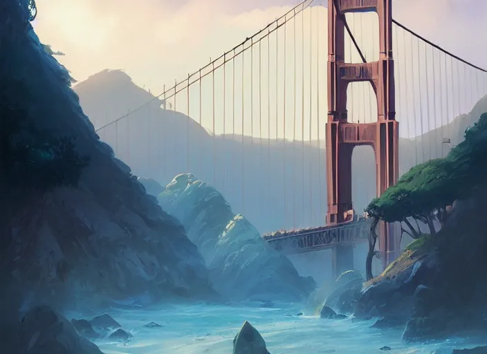 Image similar to san francisco golden gate scenery, unreal engine fantasy art by greg, loish, rhads, ferdinand, knab tom bagshaw, makoto shinkai