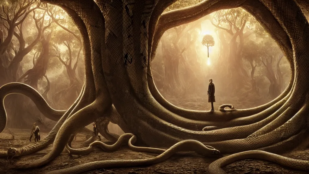 Image similar to a giant snake around the tree of life, high detail, 8k, ornate, dark fantasy, maximalist, realistic, masterpiece, complex, WLOP, film still from the movie directed by Denis Villeneuve, wide angle