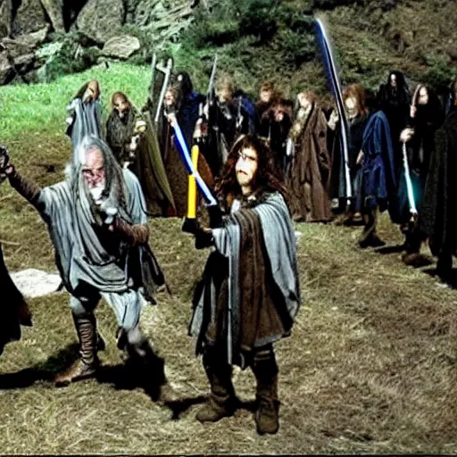 Image similar to A scene from Lord of the Rings, all characters have lightsabers, weta workshop, high quality, movie scene