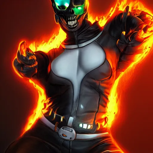 Image similar to a cat as ghost rider, cat body, by artgerm, hd, hdr, ue 5, ue 6, unreal engine 5, realistic anime 3 d style, cinematic 4 k wallpaper, 8 k, ultra detailed, gta 5 cover art, high resolution, artstation, award winning