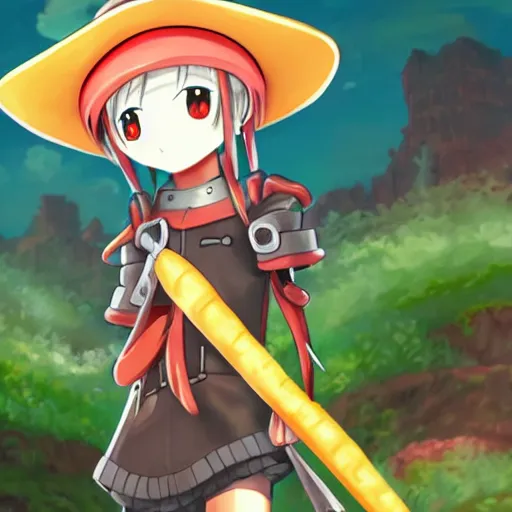 Prompt: cute android humanoid with big tomato hat and a carrot sword, made in abyss style, anime