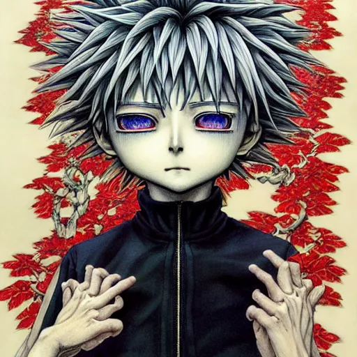 Image similar to beautiful killua zoldyck painted in jacek yerka aykut aydogdu and leslie zhang style drawn by vania zouravliov and takato yamamoto, intricate acrylic gouache painting, high detail, sharp high detail, artstation, manga and anime, crying, revenge