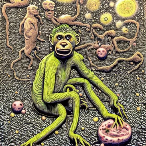 Prompt: measles on a deformed hideous pustule covered monkey, sores, bumps, skin wounds, surface hives, growths, horror, fantasy, highly detailed, by Dan Hillier, ooze, slime, in background nebula of bacteriophages