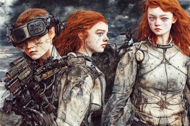 Prompt: sadie sink runs fast. cyborg behind. dirt, fantasy, soviet dystopian art by ayami kojima, vasnetsov, cedric peyravernay