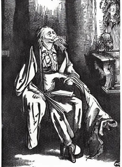 Image similar to dracula reading a book, art by james o barr and albrecht durer, woodblock print, engraved, black and white, vector, vector art